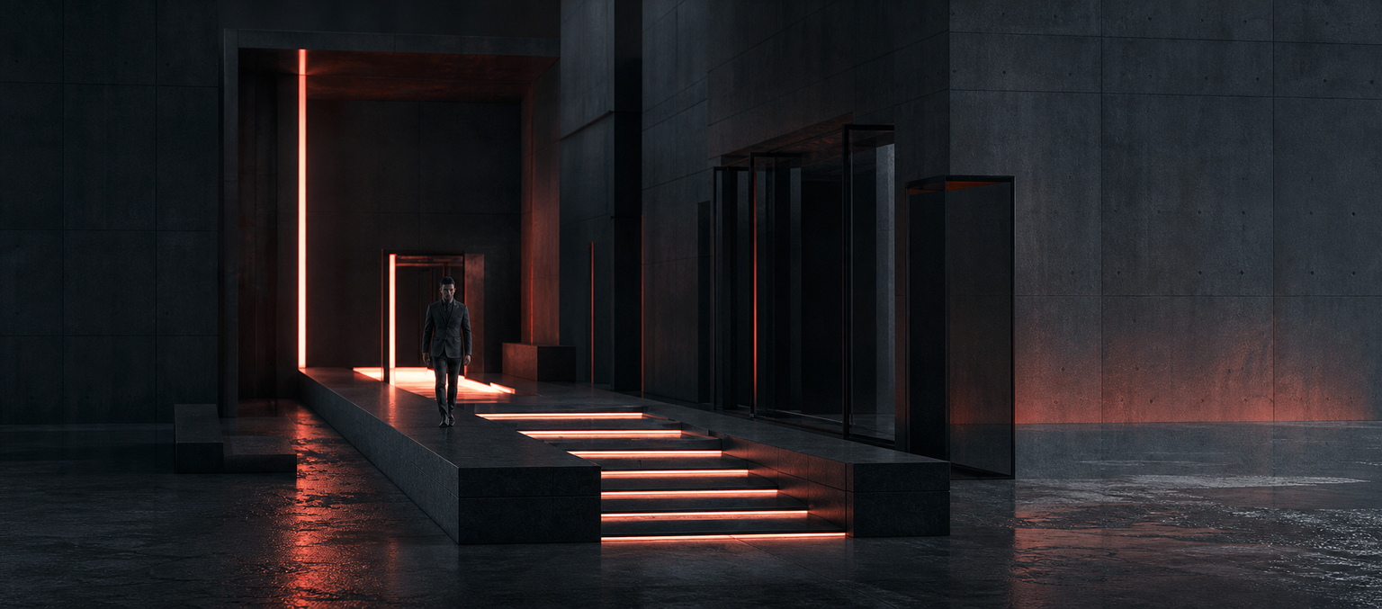 A person moving through a sequence of concrete thresholds and illuminated steps.