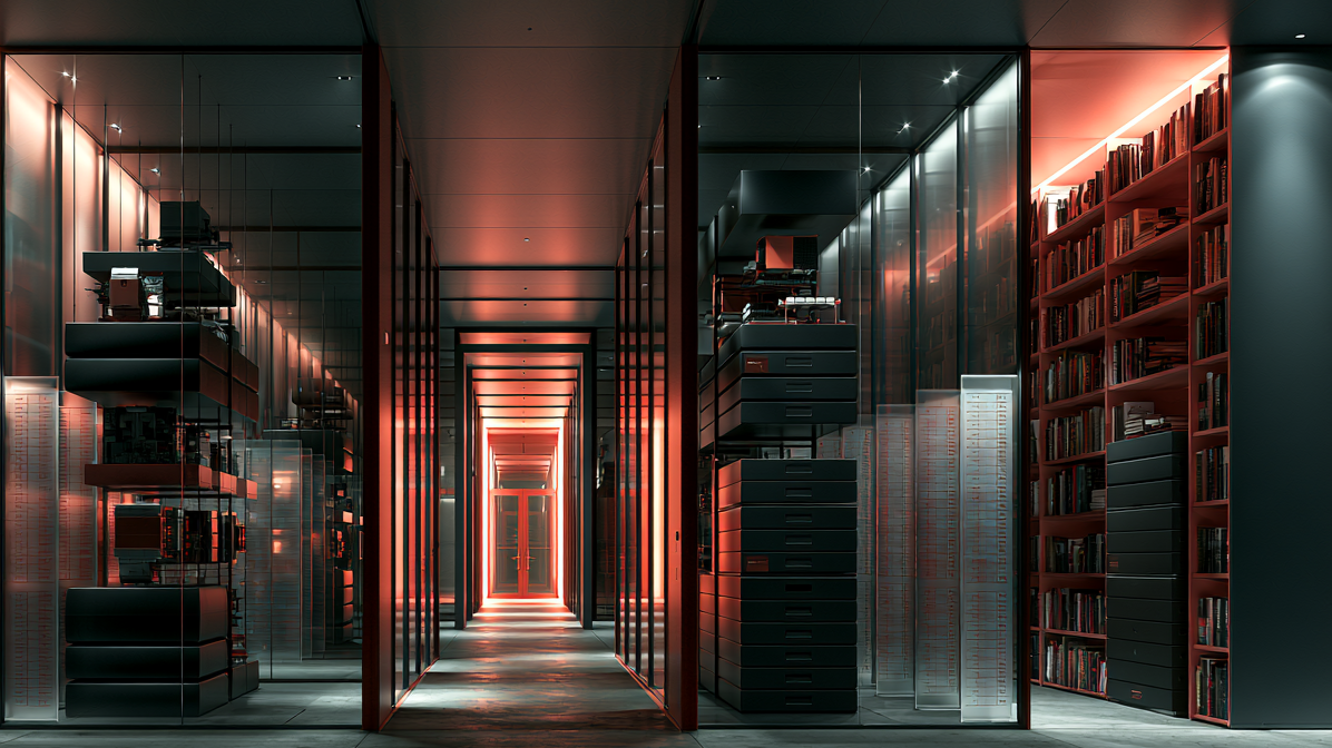 Dark architectural archive corridor with illuminated shelving and modular storage.